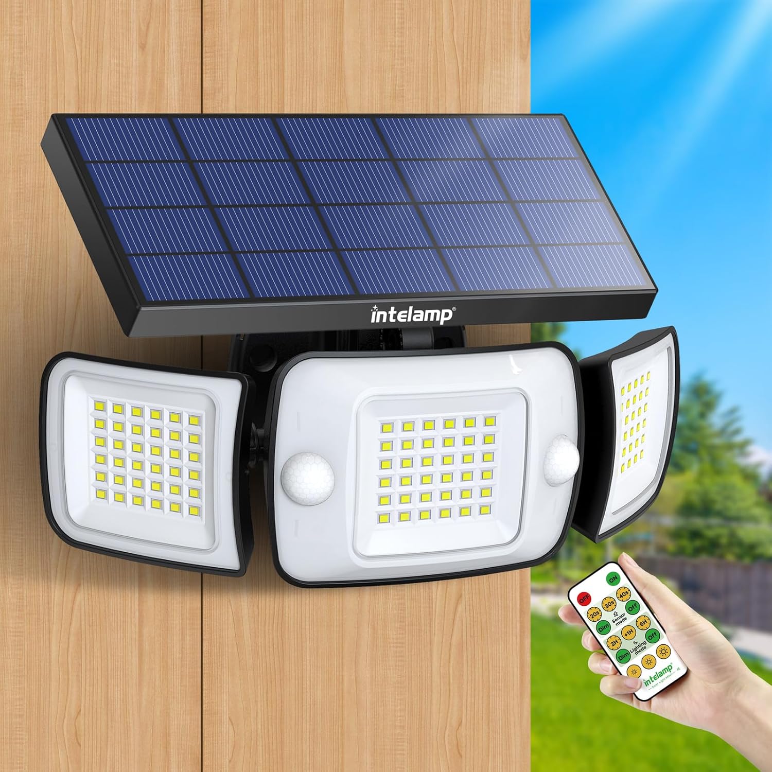 intelamp Solar Security Flood Lights Outdoor Motion Sensor with Remote Control,W...