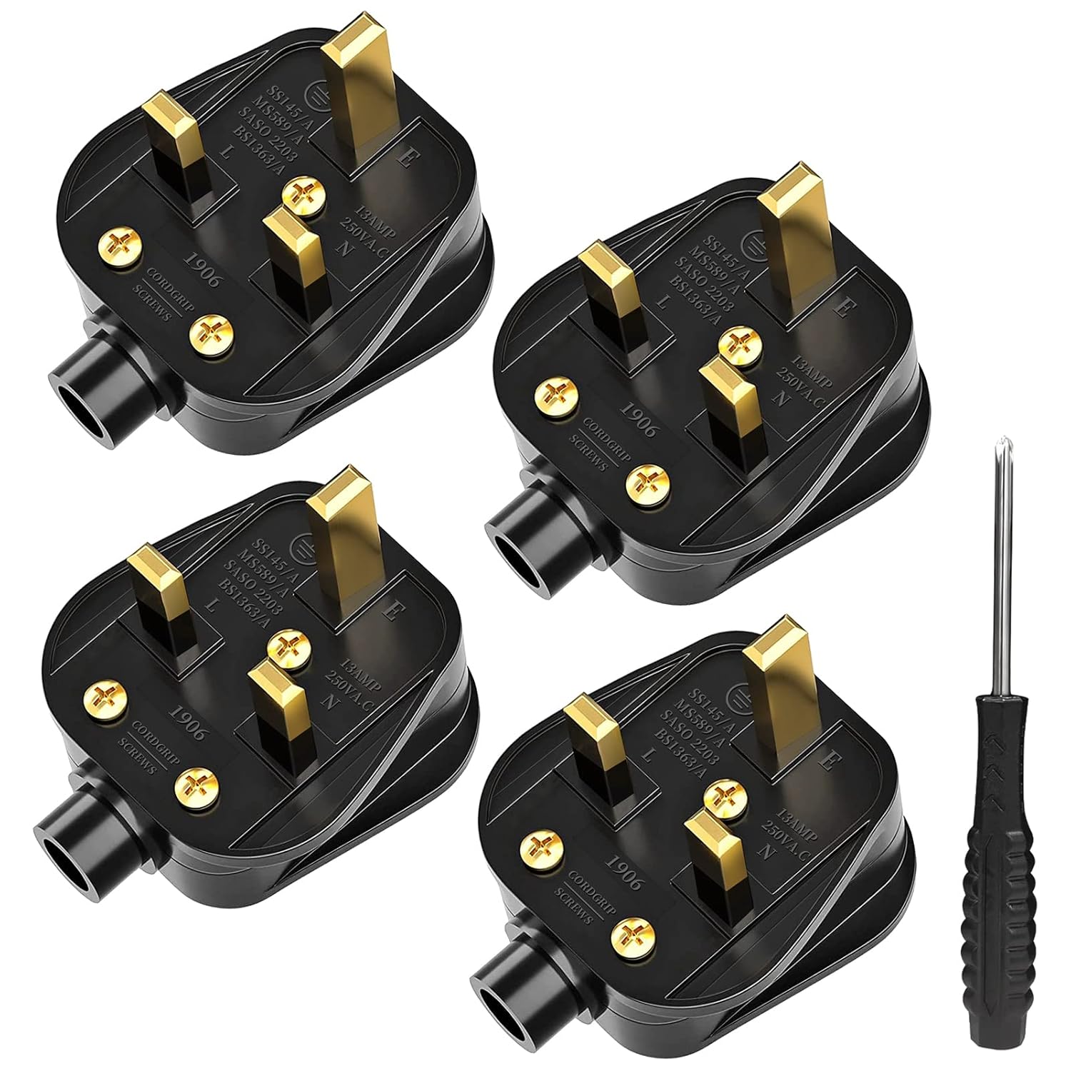 UK Plugs with 13 AMP Fused, 3 pin Mains Plug with Cord Grip Rewireable Heavy Dut...