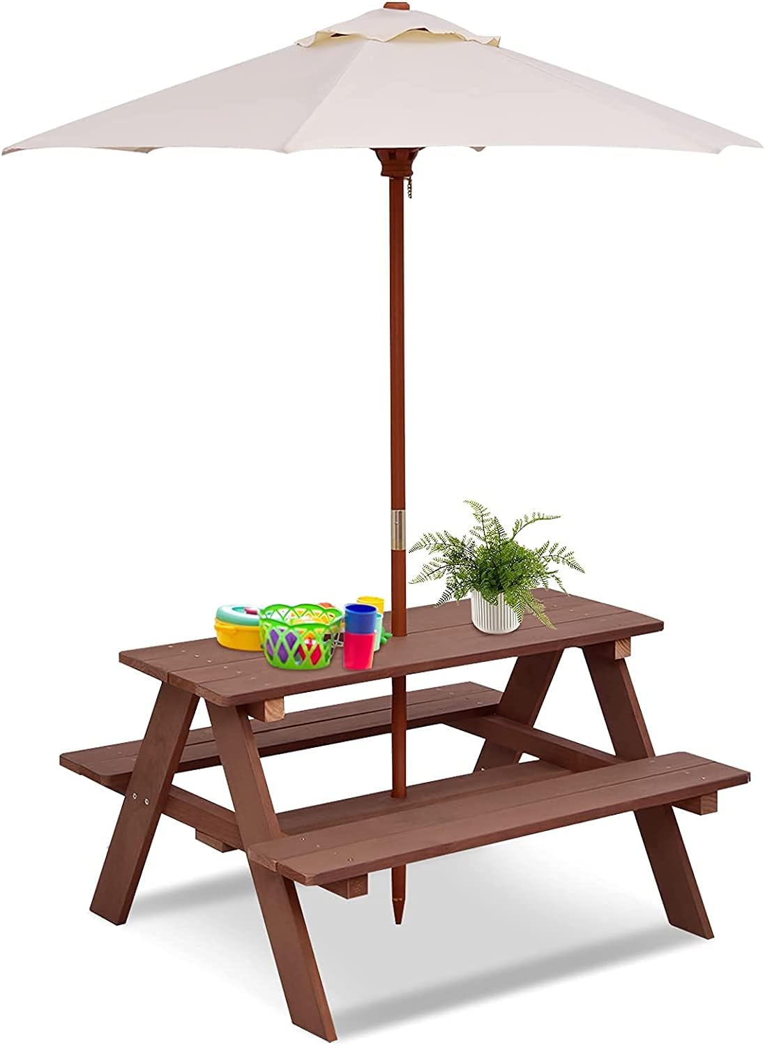 COSTWAY Kids Picnic Table, Garden Wooden Bench with Removable Umbrella, Outdoor...
