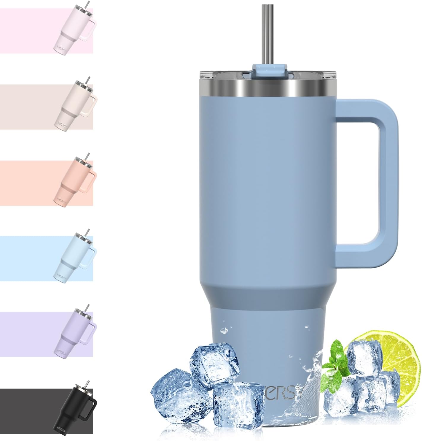 WATERSY Travel Mug Coffee Cup 40oz Tumbler Straw Lid and Handle, Stainless Steel...