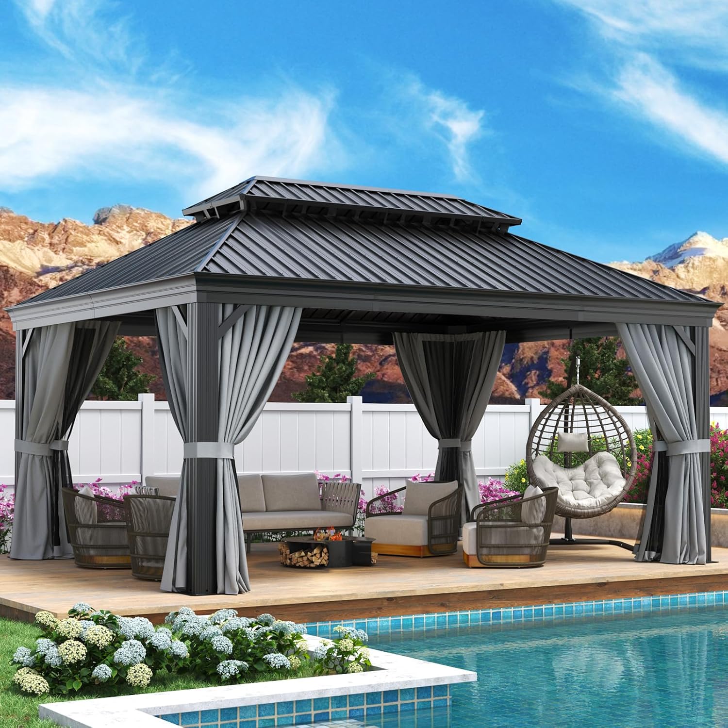 Aoxun 12' X 16' Permanent Hardtop Gazebo Aluminum Gazebo with Galvanized Steel D...