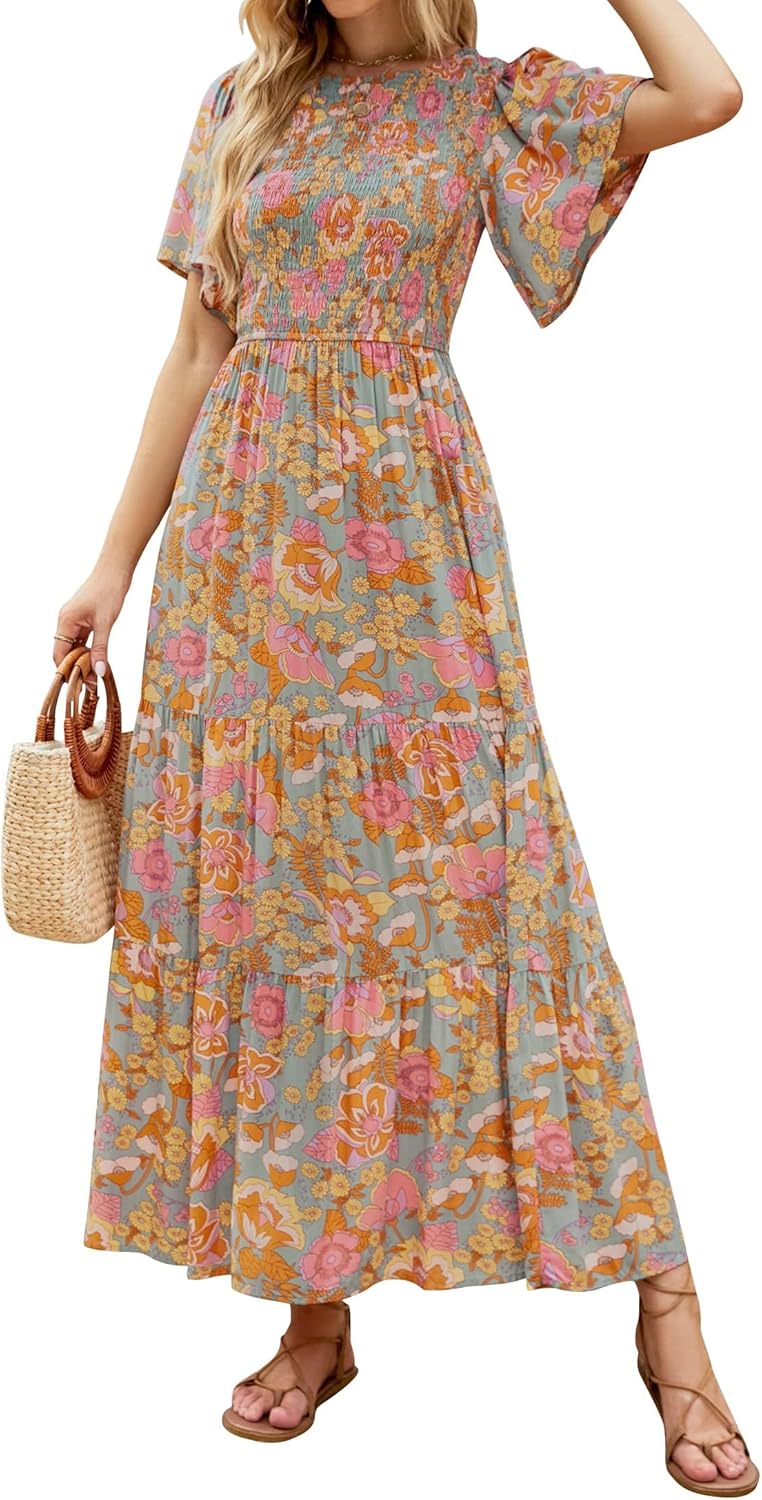 Chic ZESICA Women's 2025 Summer Dress, Stylish Floral Print Maxi Dress with Shor...