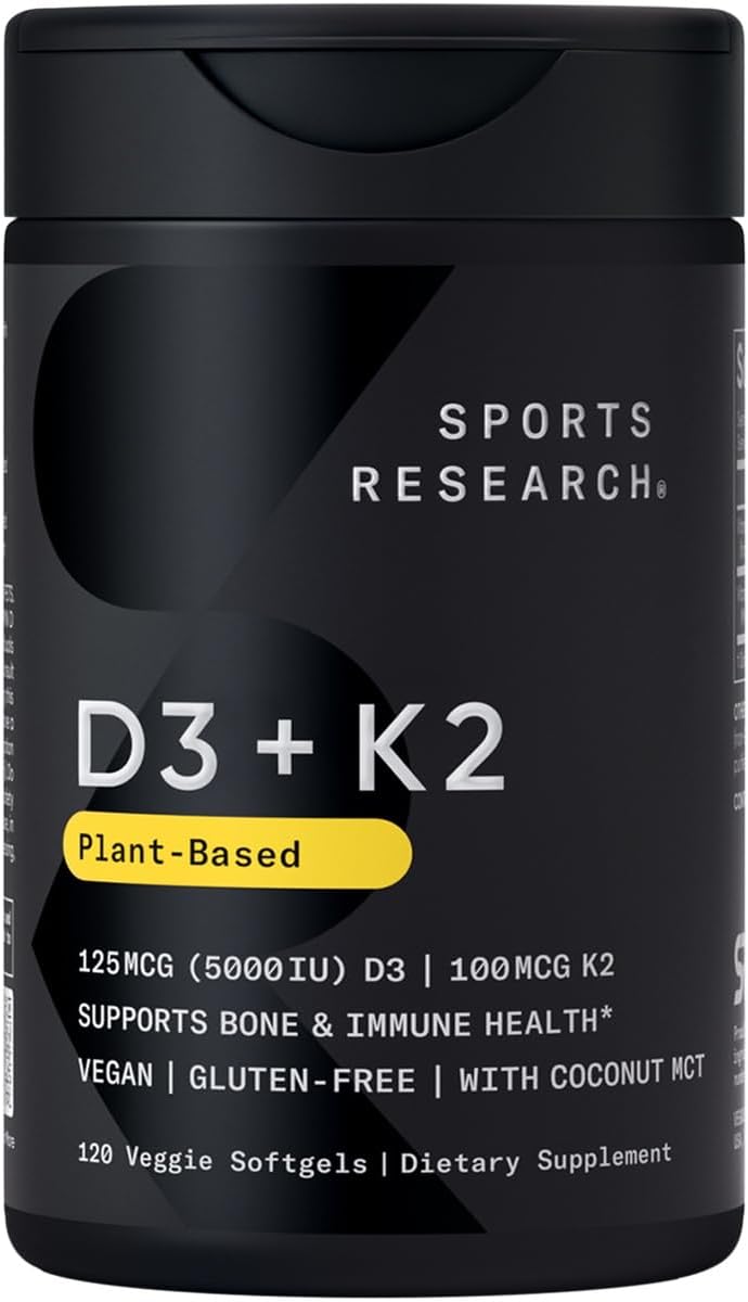 Sports Research® Vitamin D3 + K2 with Coconut MCT Oil | Vegan D3 5000 IU with K2...
