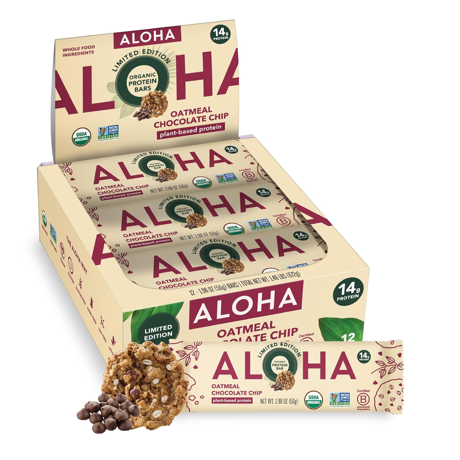 ALOHA Organic Plant Based Protein Bars - Oatmeal Chocolate Chip - 12 Count, 1.9o...