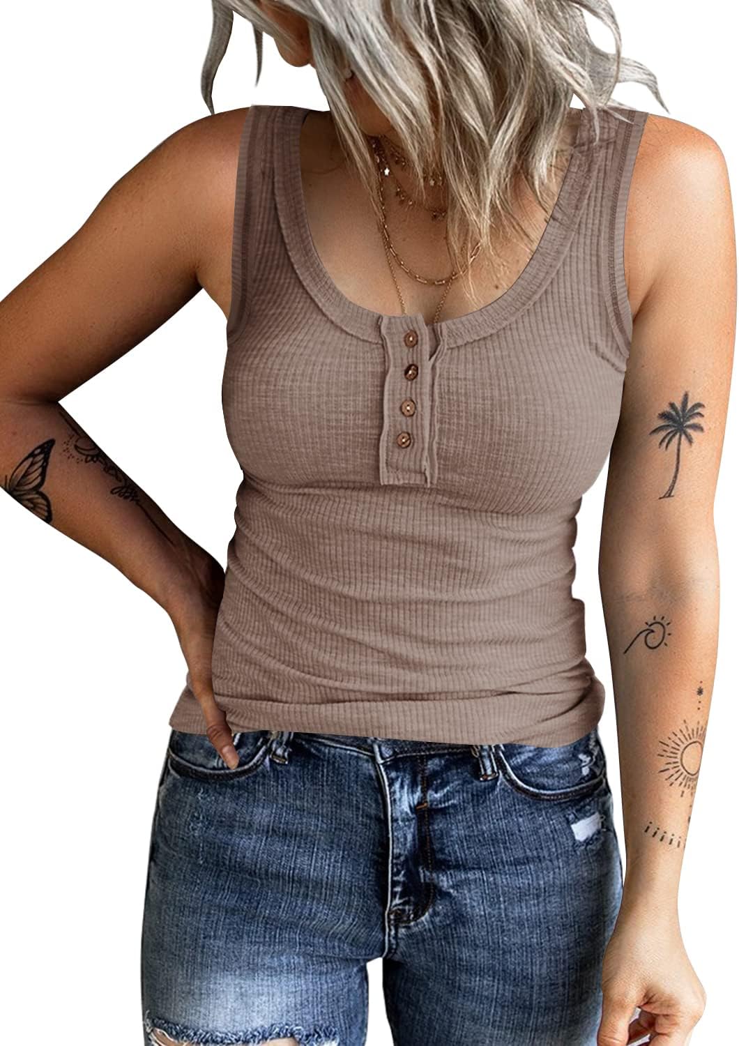 Stylish KINLONSAIR Women's Tank Tops, Unique Sleeveless Henley Tops, Special Rib...