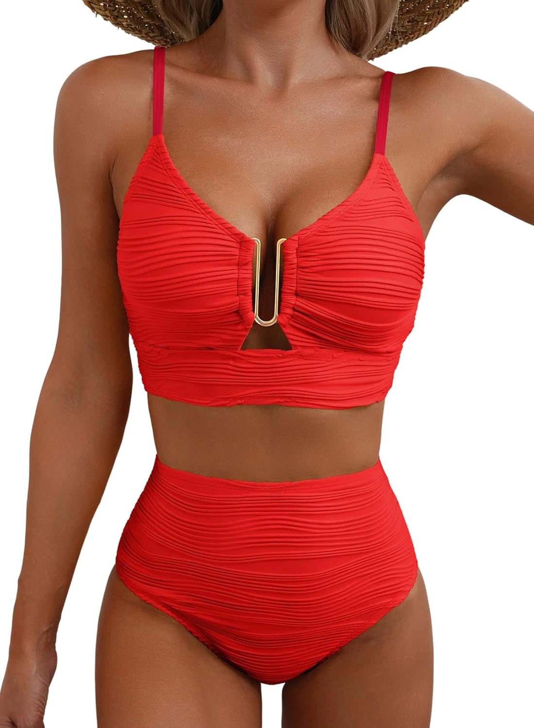 Herseas 2 Piece Bestselling Bikini Set U-Wire Cutout Swimsuit High Waisted Textu...