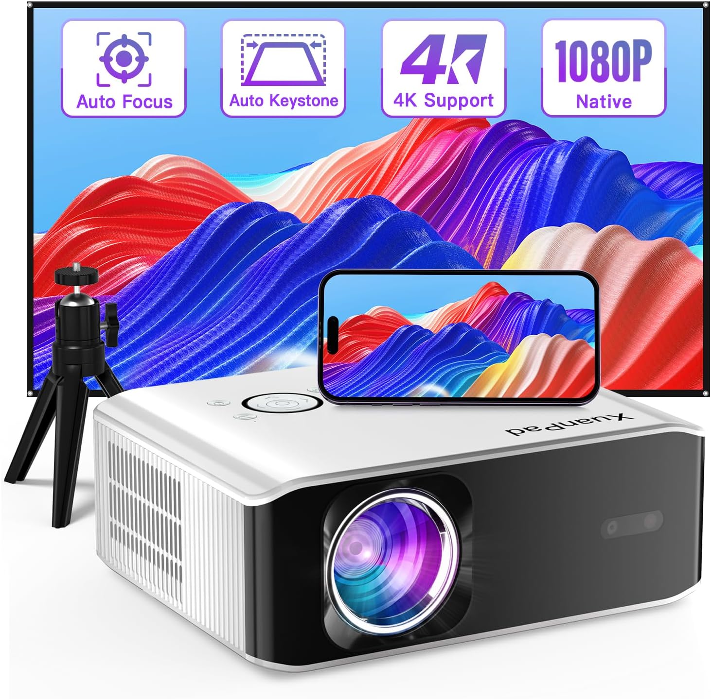 【AI Auto Focus & Keystone】Projector 4K Supported, XuanPad 26000L Native 1080P...
