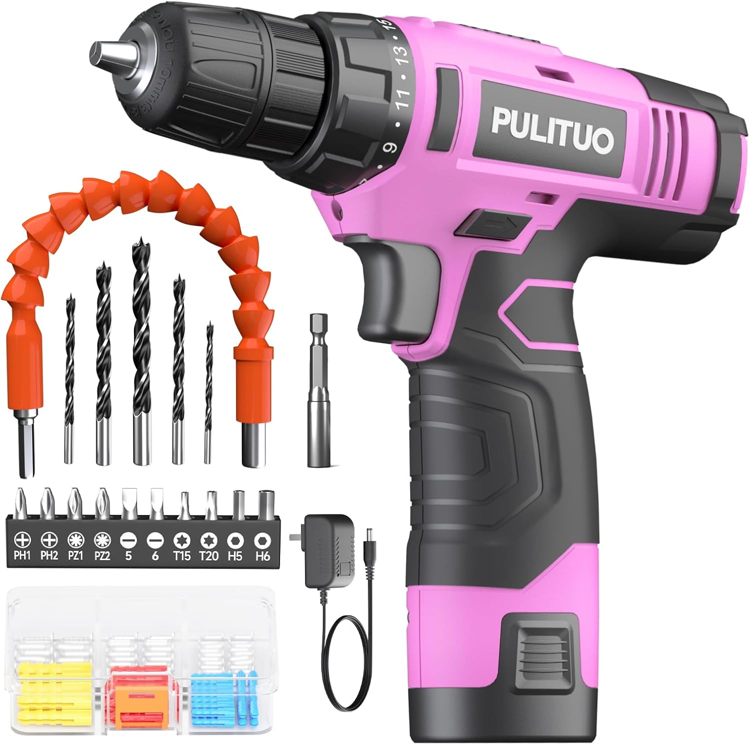 PULITUO 12V Cordless Drill ，Powerful Drill bit Sets with Li-Ion Battery, 21+1 T...