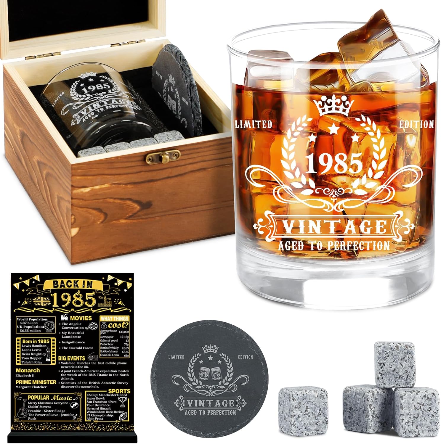 Amosking 40th Birthday Gifts for Men,Vintage 1985 Whiskey Glass Set,Wood Box & W...