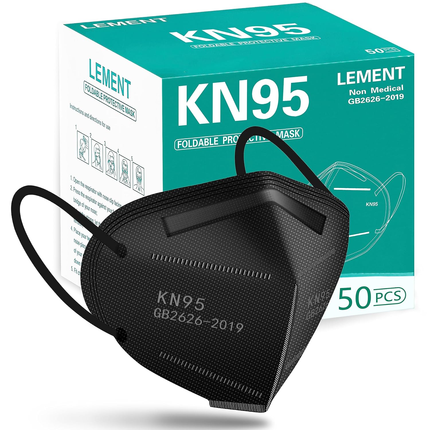 LEMENT 50pcs KN95 Face Mask Black 5 Layer Cup Dust Safety Masks Filter Efficienc...