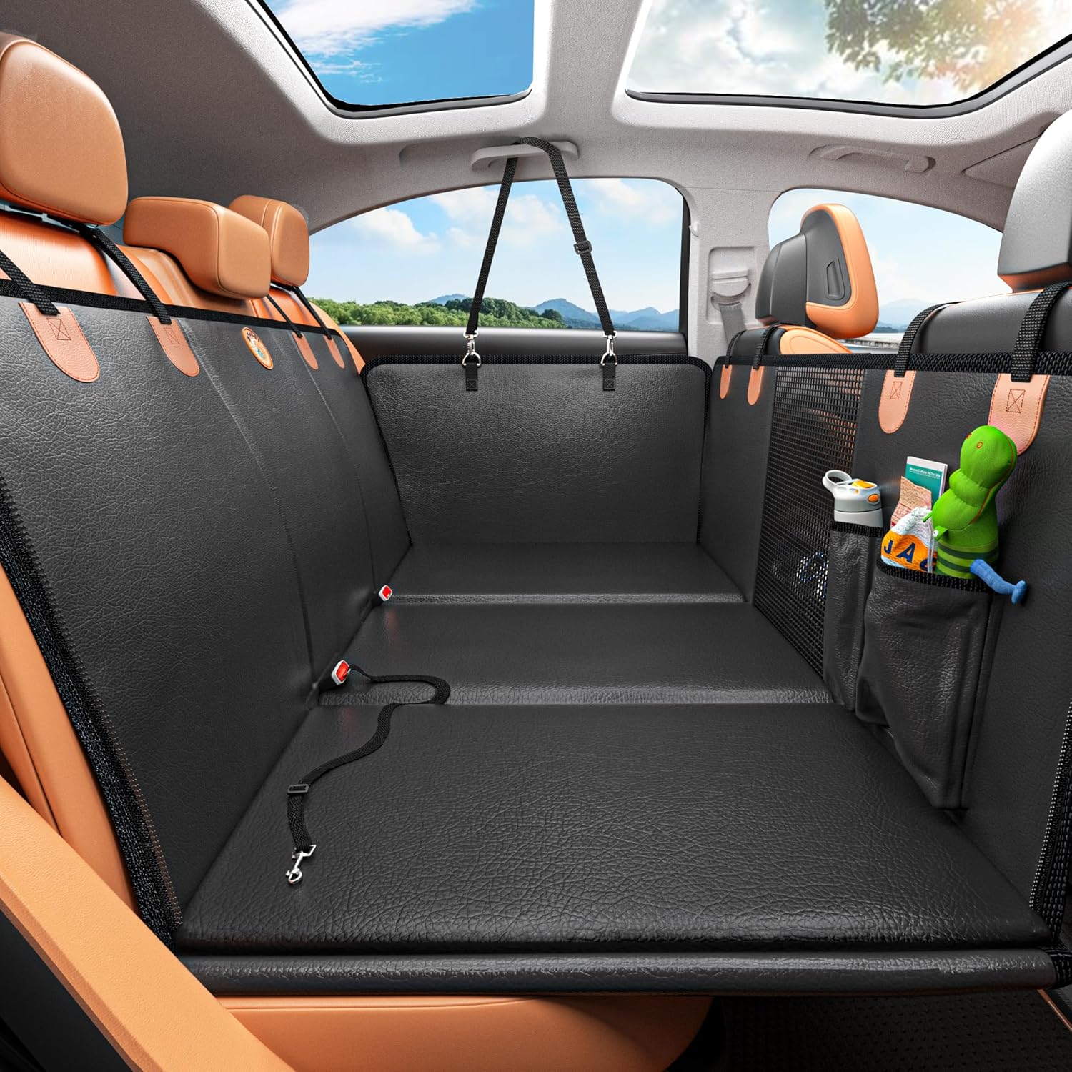 Back Seat Extender for Dogs, Waterproof Dog Car Seat Cover for Back Seat with Ha...