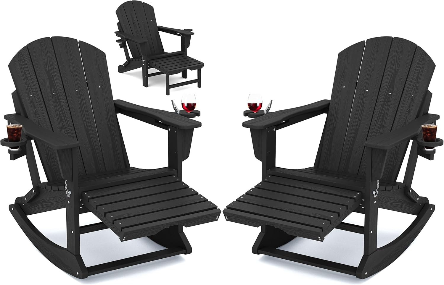 KINGYES Adirondack Rocking Chair Set of 2 with Retractable Ottoman and Cup Holde...