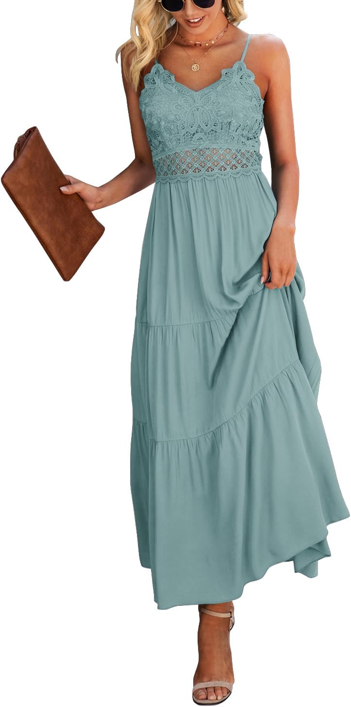 Dokuritu Women's Beach Crochet Lace Maxi Dress Solid Color Summer Vacation Spagh...