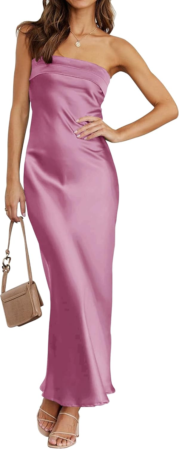 Stylish MEROKEETY Women 2025, Trendy Strapless Satin Tube Dress, Elegant Bodycon...