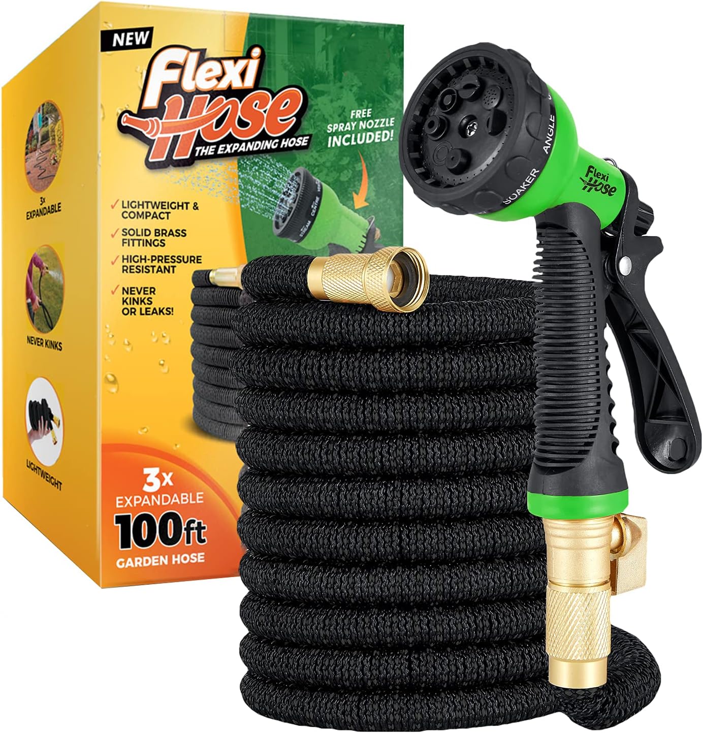 Flexi Hose Expandable Garden Hose - 100FT Heavy Duty Water Hose, Retractable Hos...