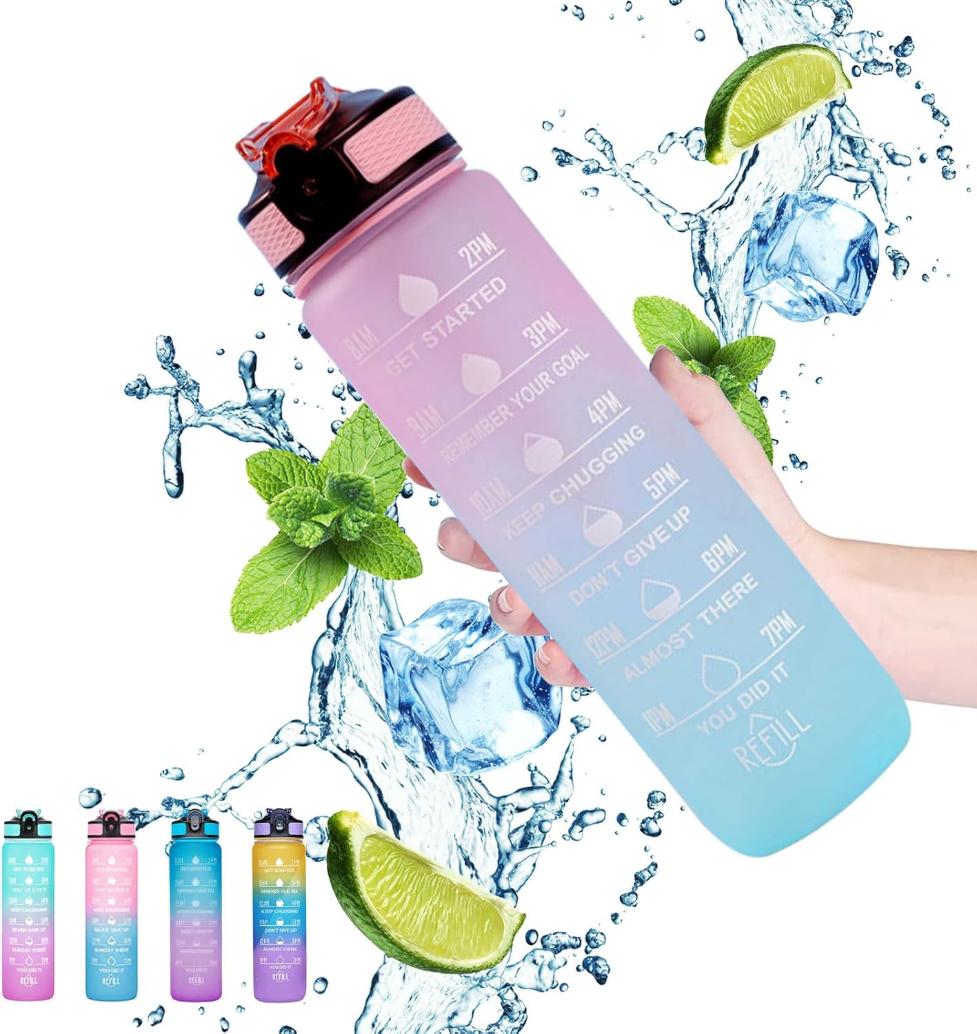 Gaiayhc Sports Water Bottle 1 L,Motivational Water Bottle with Time Marker and S...