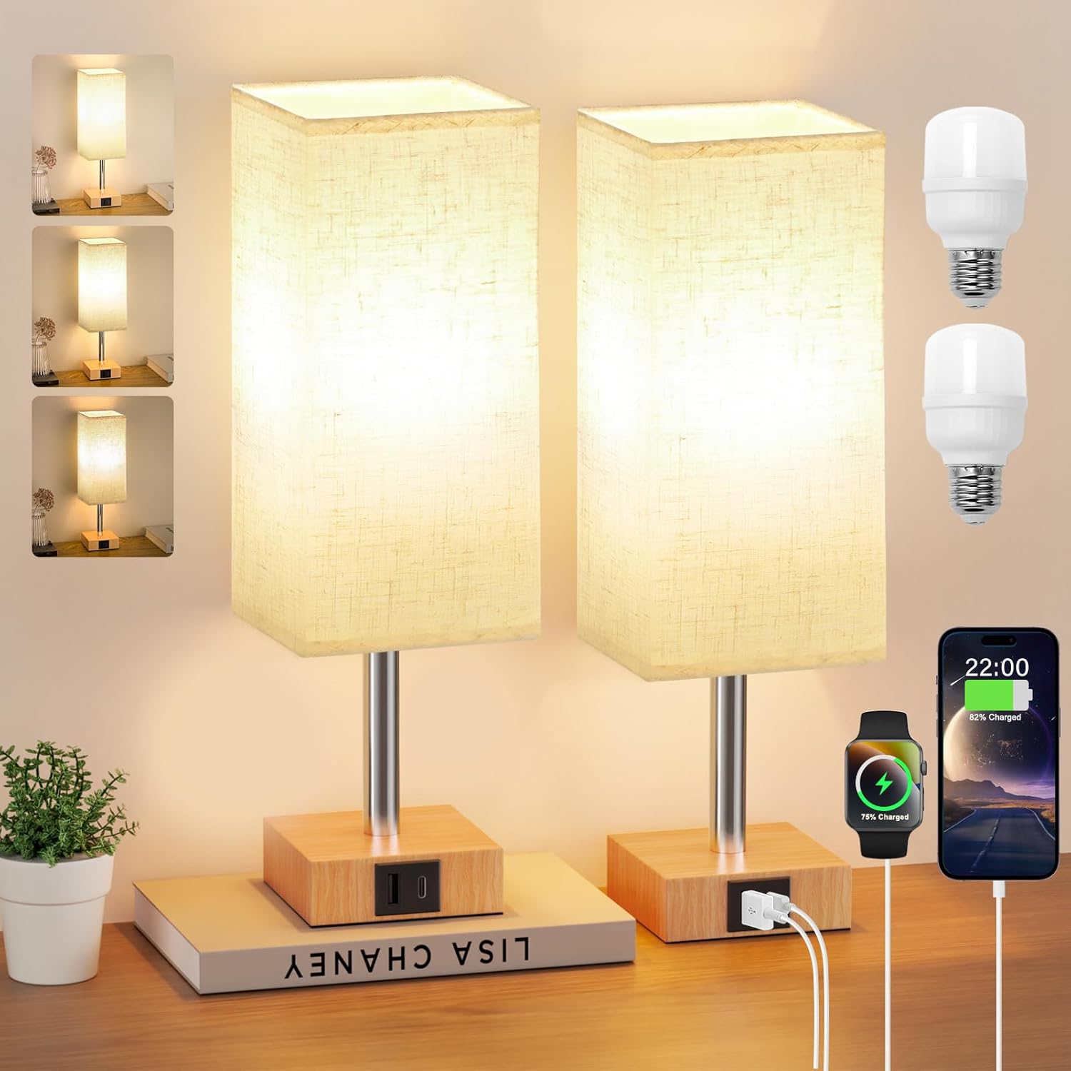 Aooshine Bedside Lamps Set of 2, 3-Way Dimmable Table Lamp with USB-C+A Charging...