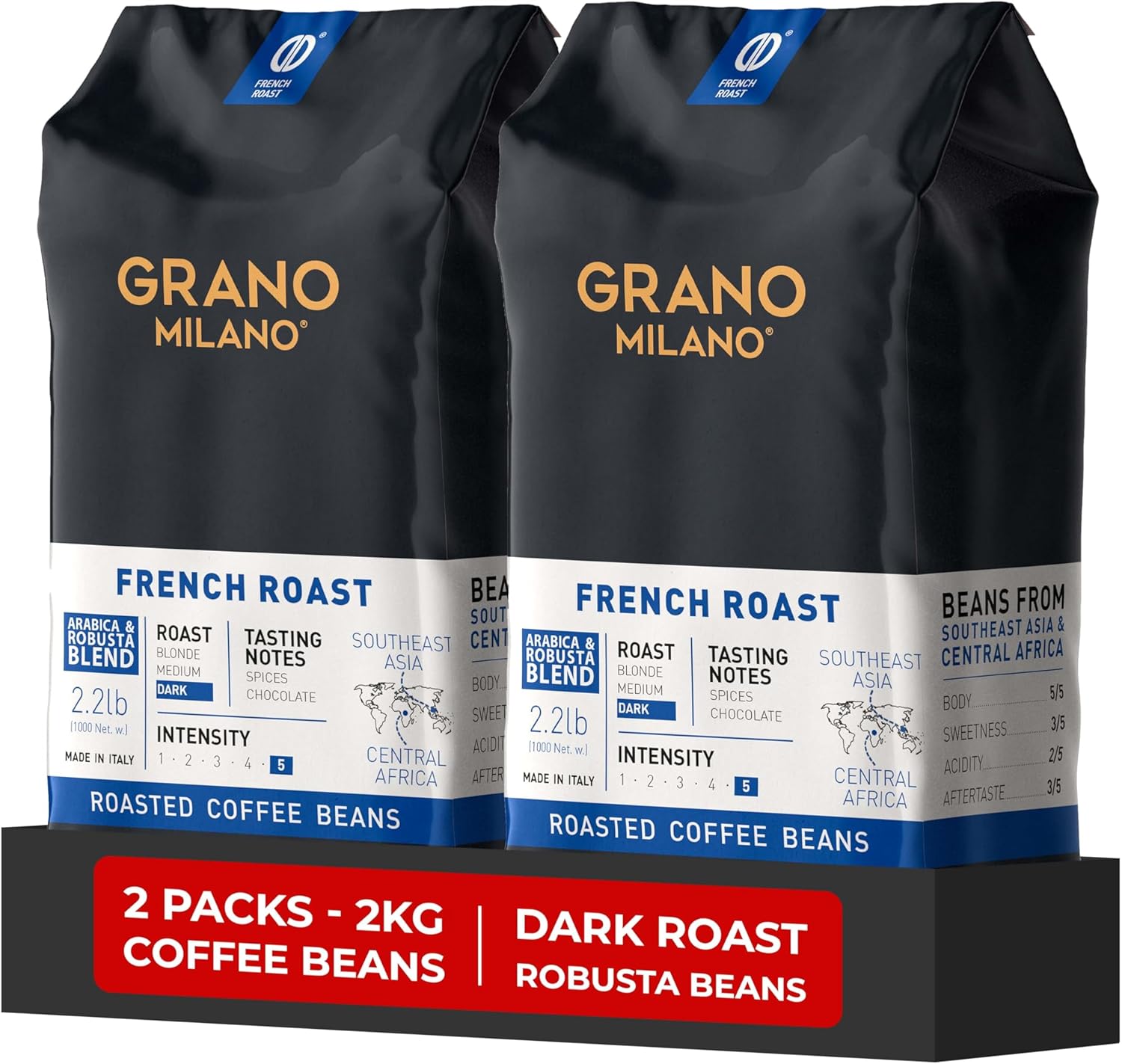 Grano Milano Coffee Beans, Special 2kg French Roast Robusta Blend, Unique Dark R...