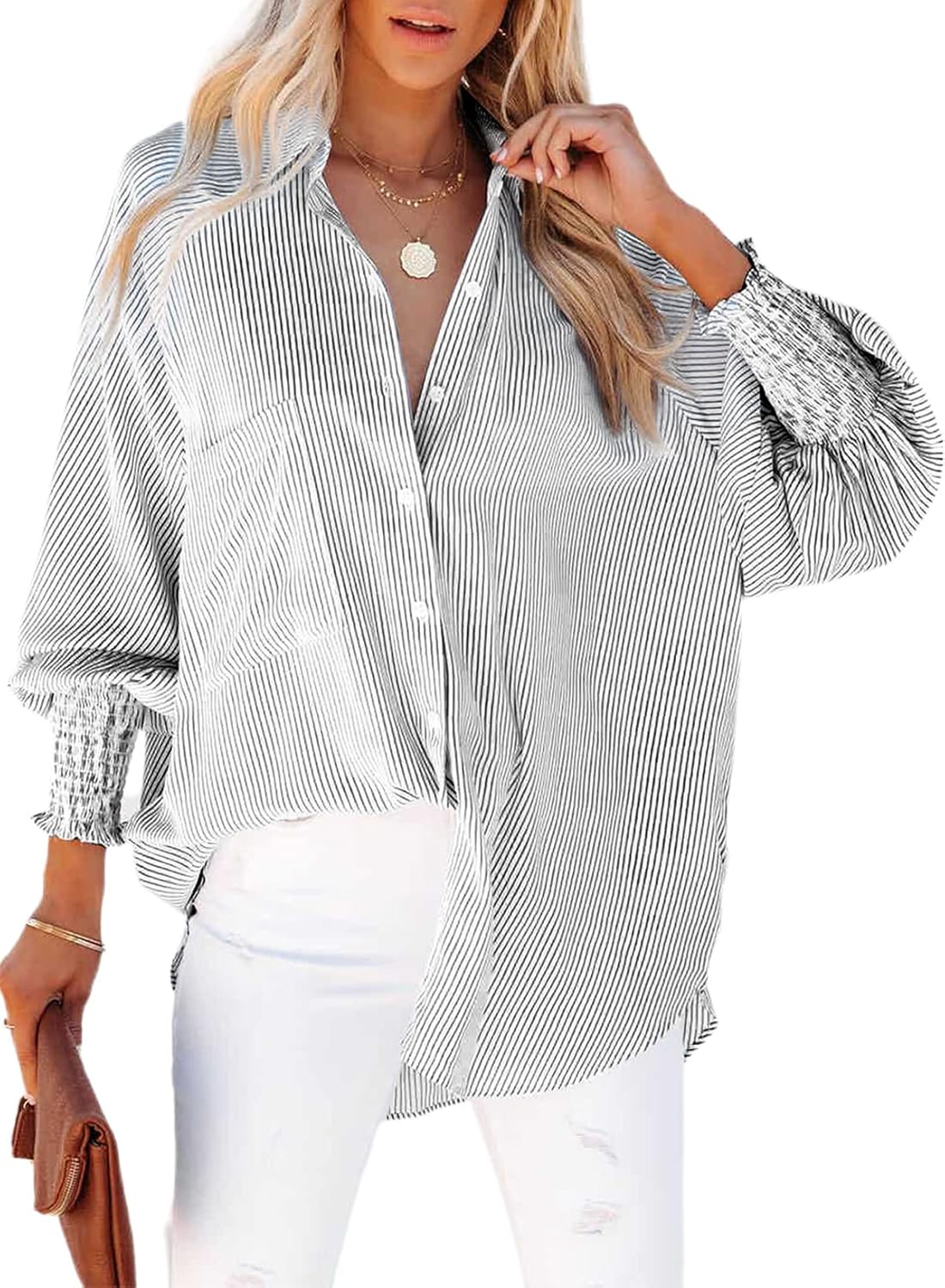 Unique Womens Smocked Cuffed Striped Boyfriend Shirt, Special Casual Collar Long...