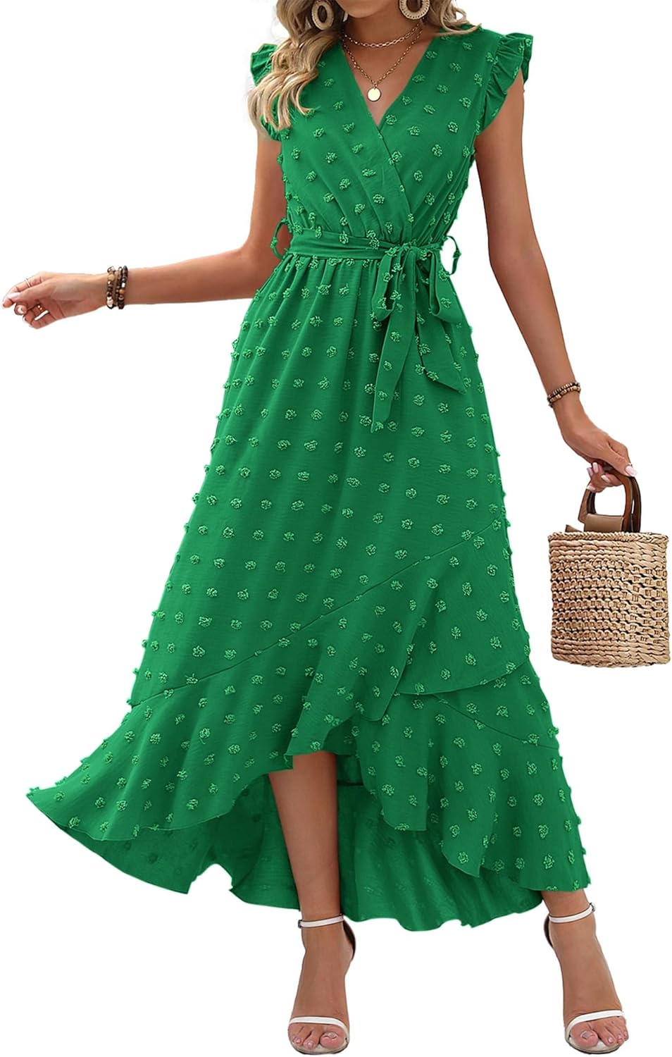 Stylish BTFBM Women V Neck Summer Dress, Special Cap Sleeve Swiss Dot Dress, Fas...