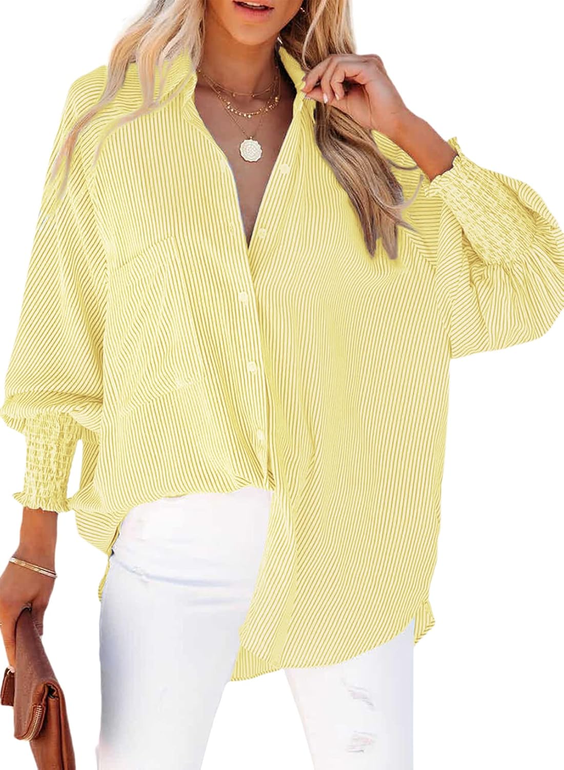 Stylish Womens Smocked Cuffed Striped Shirt, Trendy Boyfriend Blouse with Casual...