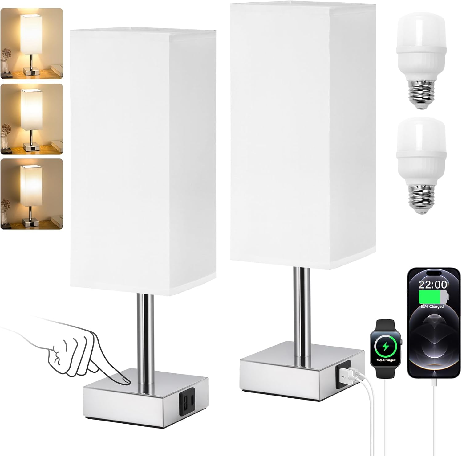 Aooshine Touch Control Bedside Lamps Set of 2, 3-Way Dimmable Table Lamp with US...
