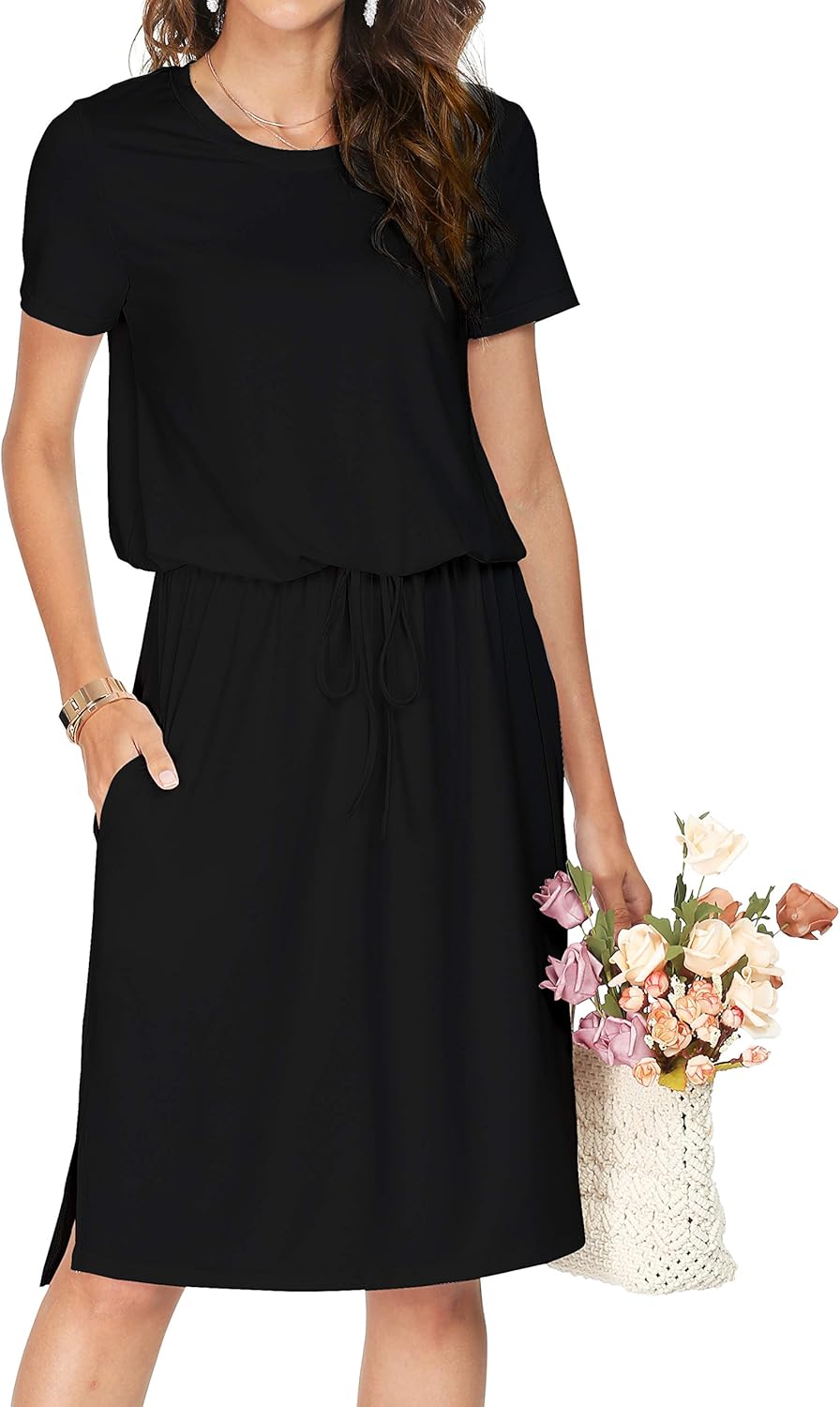 Womens Summer Hide Belly Knee Length Travel Dress Pocket 2025 Spring Short Sleev...