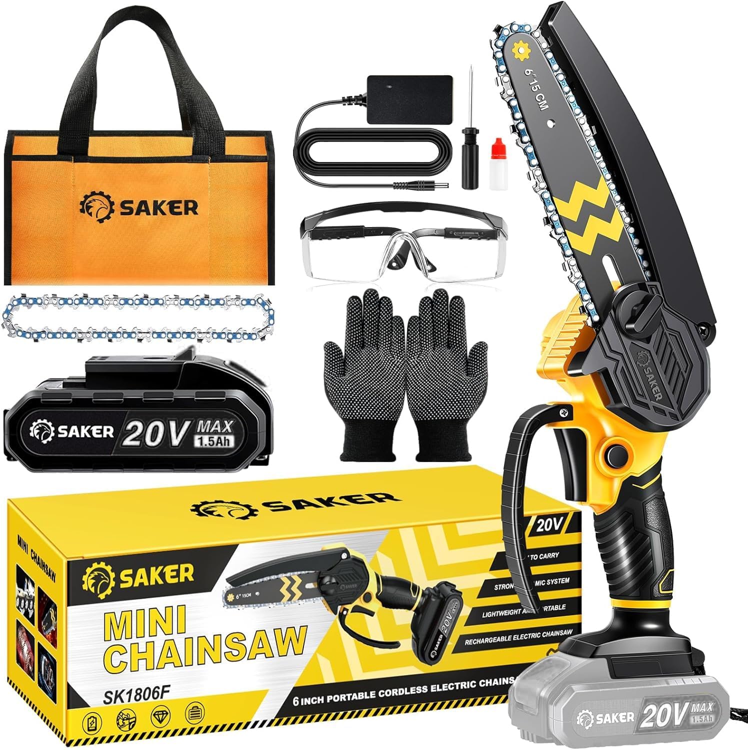 Saker Mini Chainsaw Cordless 6-Inch-Switch Security Lock-Cordless Power Chain Sa...