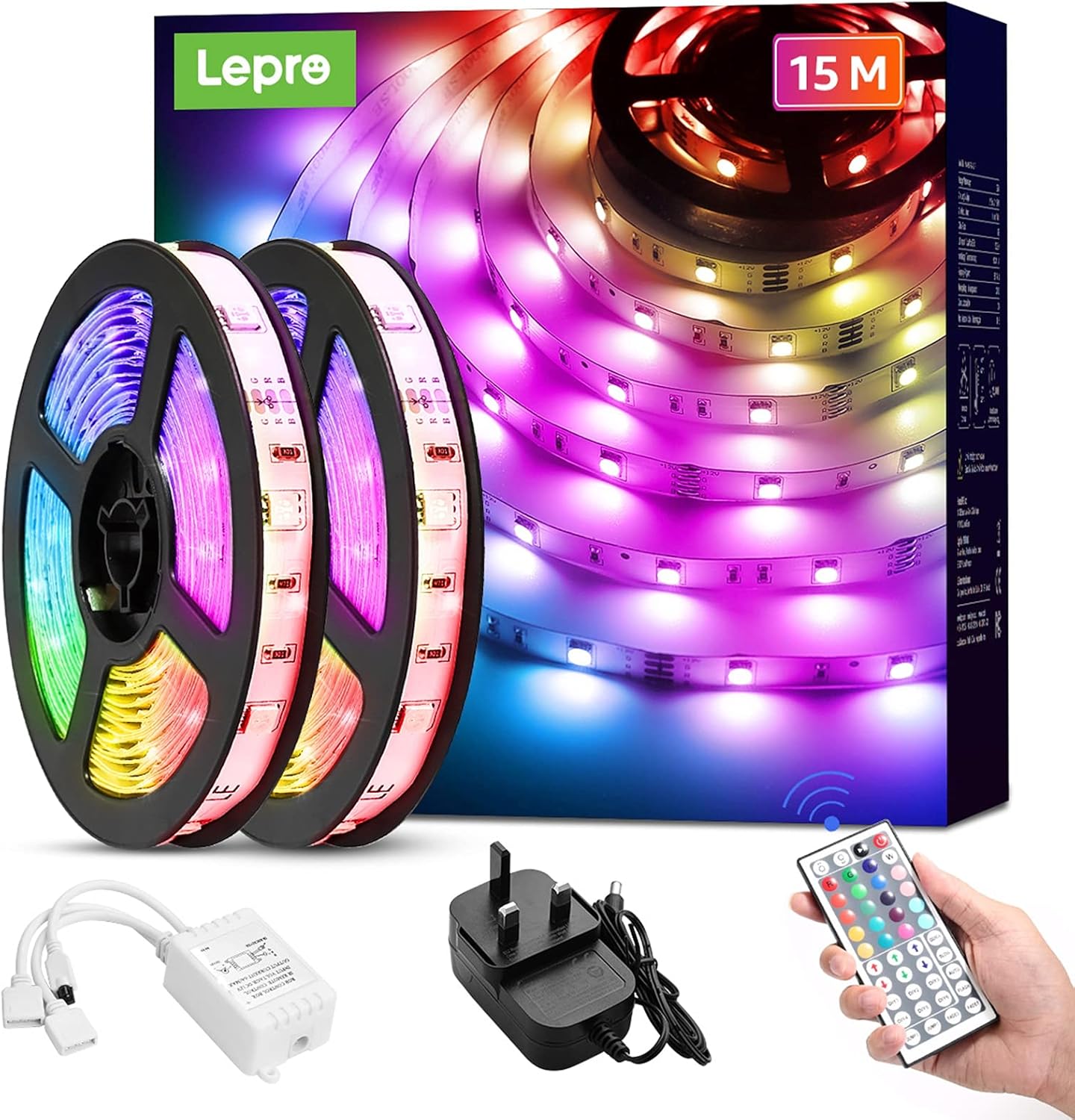 Lepro LED Strip Lights 15M (2x7.5M), RGB Colour Changing LED Strip with 44-Key R...