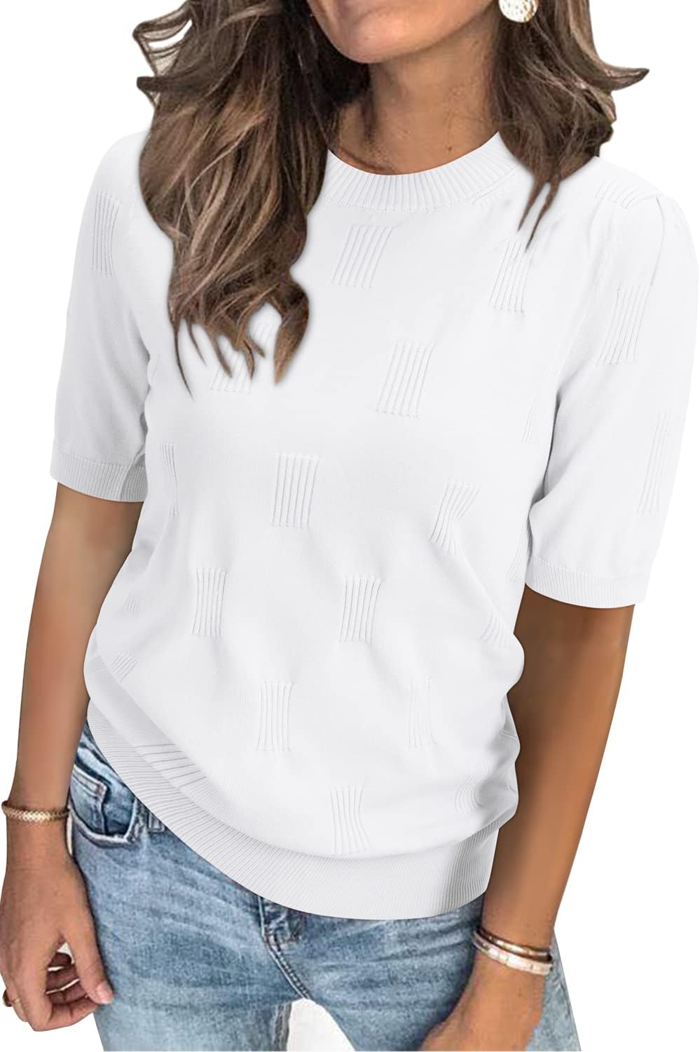 Arach&Cloz Womens Summer Tops Fashion Short Sleeve Sweaters Crew Neck Lightweigh...