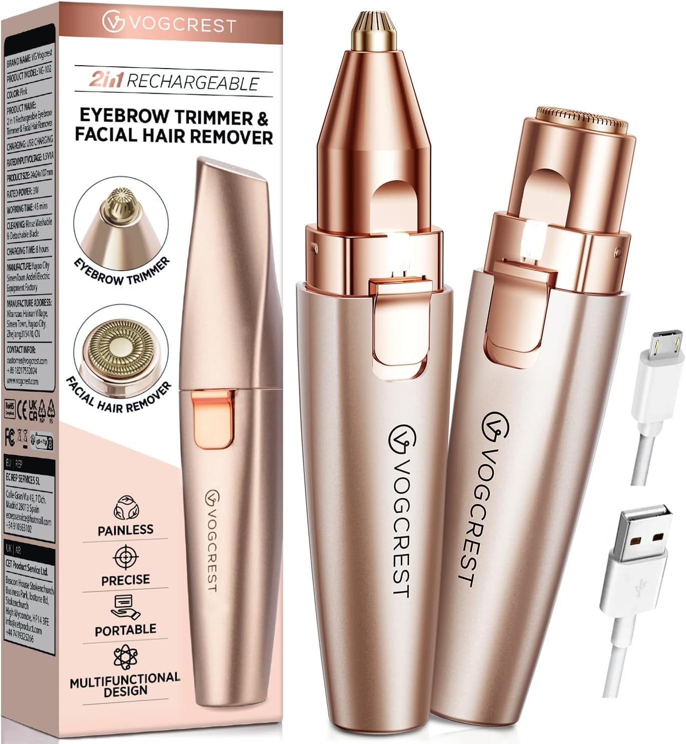 Eyebrow Facial Trimmer: 2 in1 Rechargeable Facial Hair Removal and Eyebrow Shave...