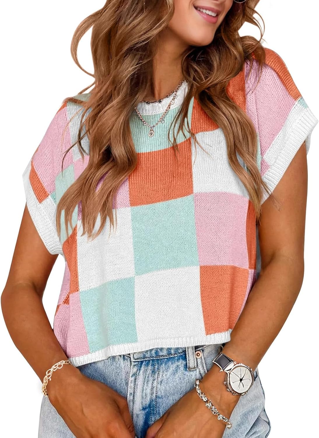 Womens Spring Crop Tops 2025 Cap Short Sleeve Sweater Vest Tank Loose Shirts Bus...