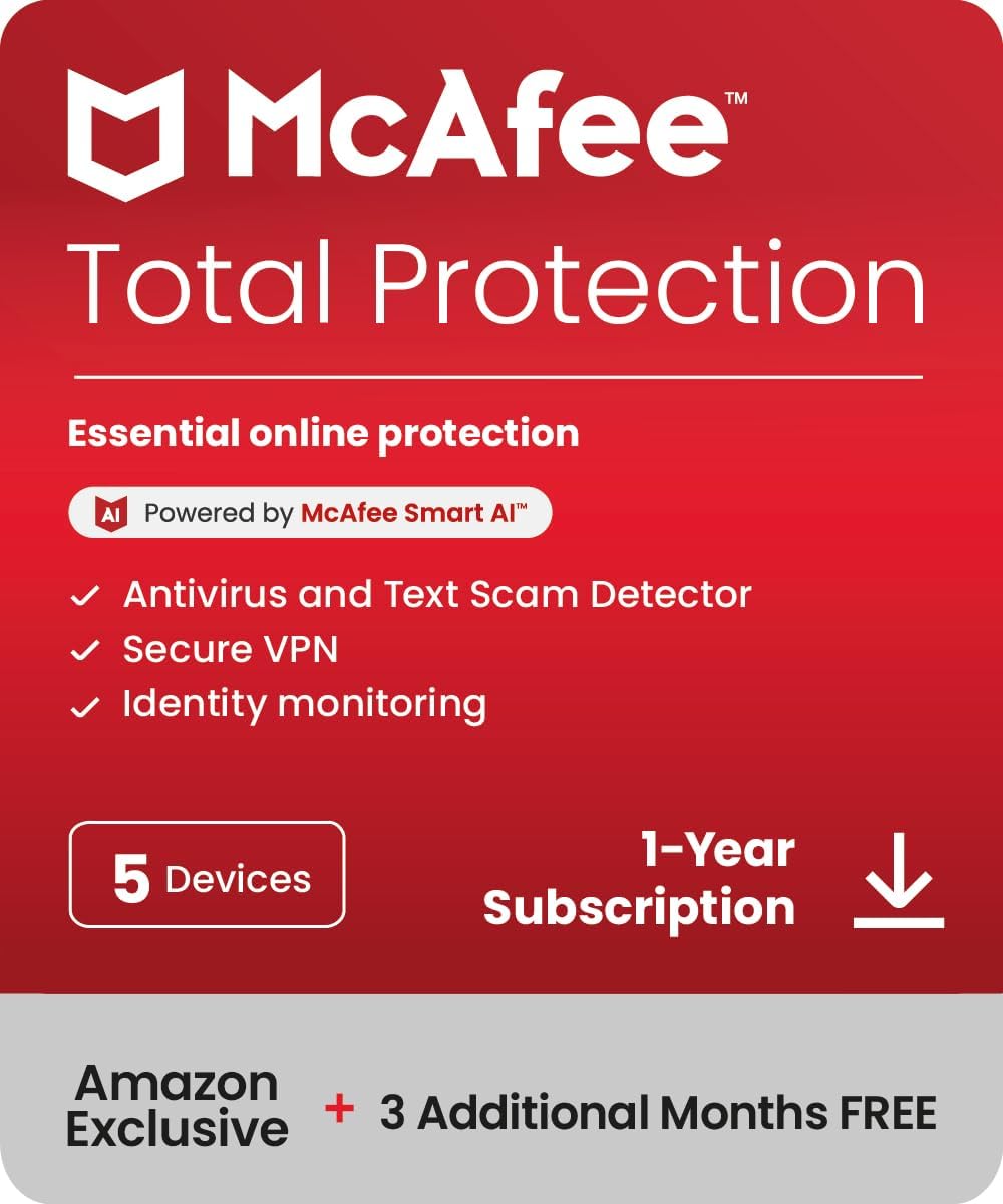 McAfee Total Protection 5-Device 2025 |15-Months | Antivirus, Secure VPN |Includ...