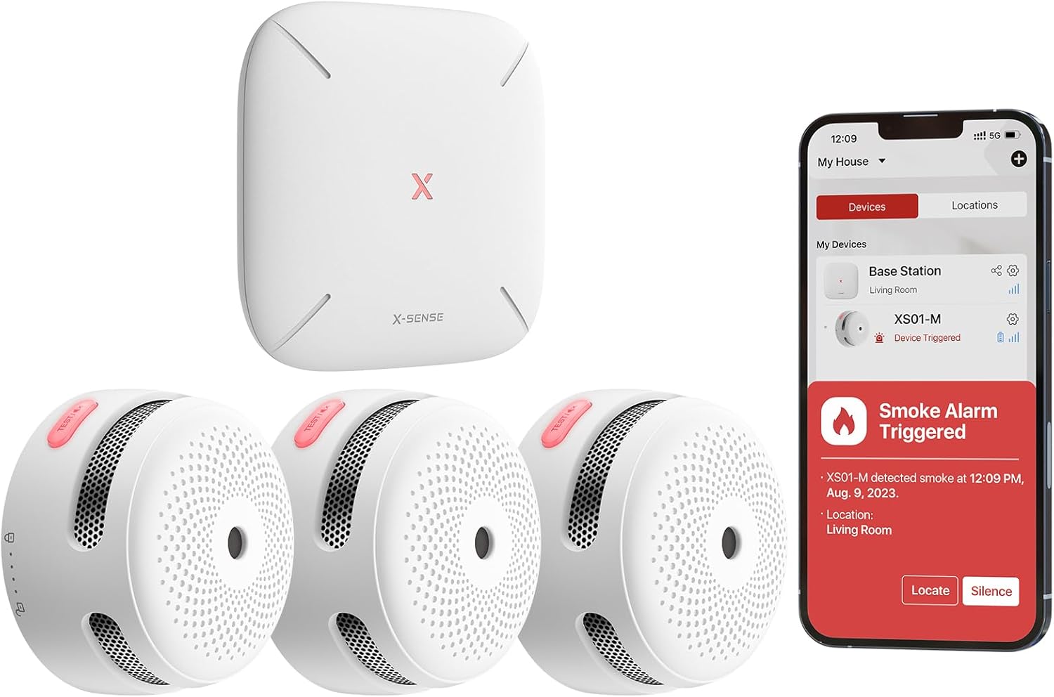 X-Sense Wi-Fi Smoke Alarms for Home with SBS50 Base Station, Wireless Interlinke...
