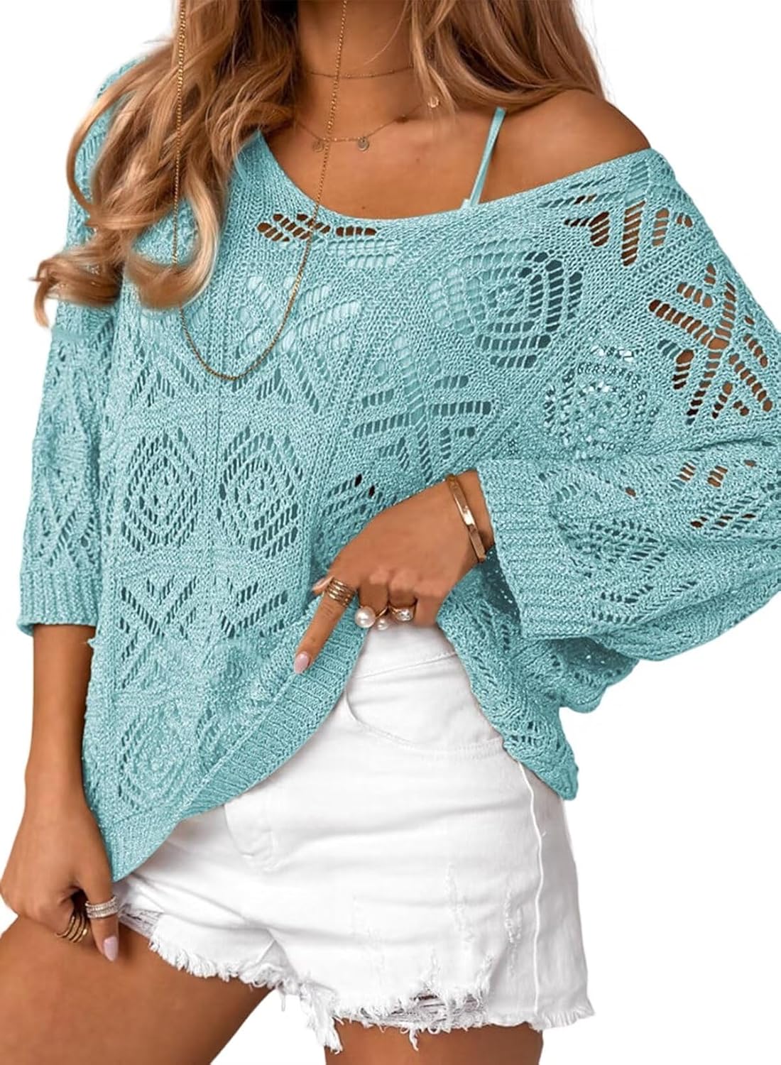 Dokotoo Women's 2025 Spring Summer Crochet Hollow Out 3/4 Sleeve Pullover Sweate...