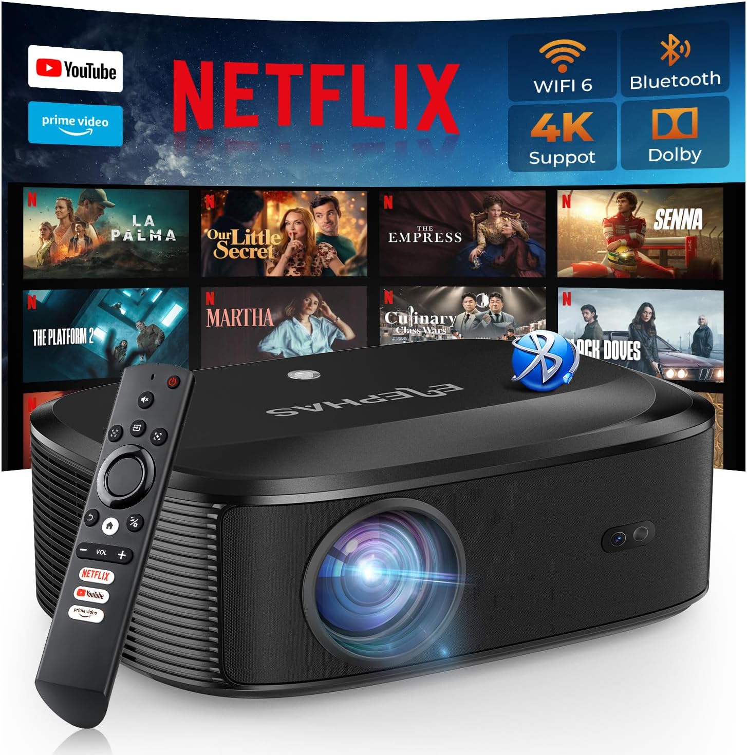 4K Projector with Wifi and Bluetooth, ELEPHAS Outdoor Movie Projector with NETFL...