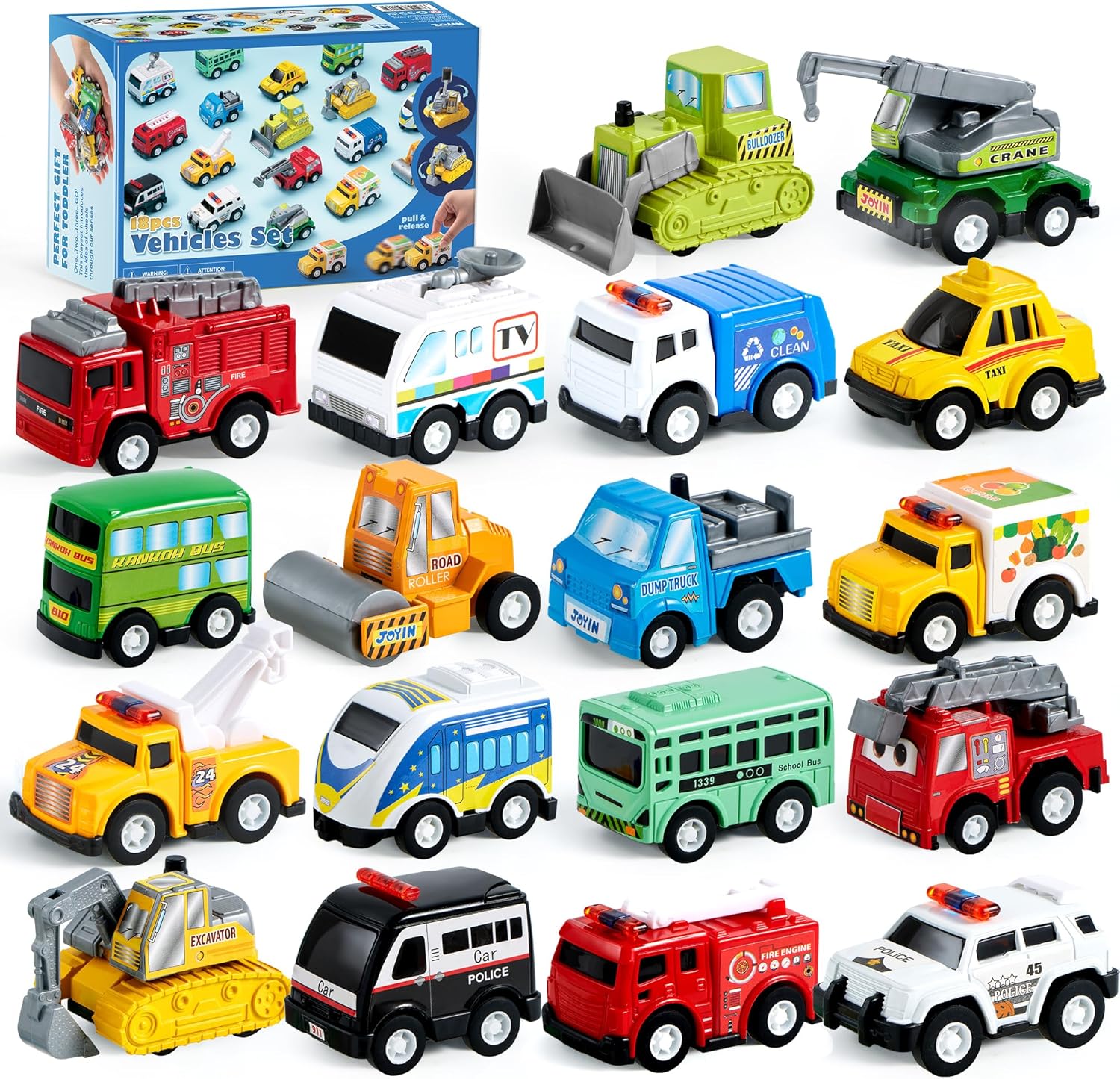 JOYIN 18 Pcs Pull Back City Cars and Trucks Toy Vehicles Set, Friction Powered C...