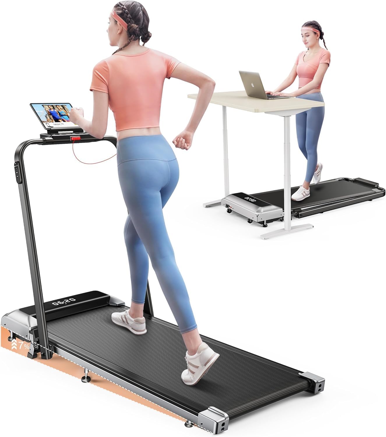 3 in 1 Folding Treadmill, Walking Pad with 7% Incline, 2.5HP Electric Treadmill...