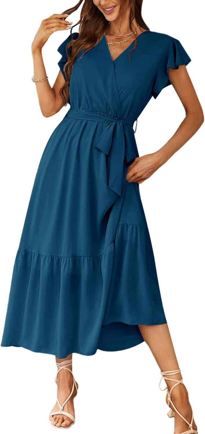 PRETTYGARDEN Women's Summer Floral Boho Dress Wrap V Neck Short Sleeve Ruffle A-...