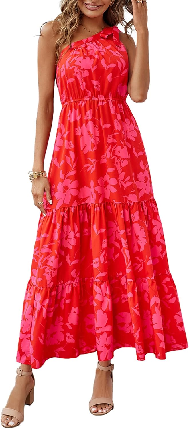 PRETTYGARDEN Women's Summer Floral Maxi Dress, Unique Knot One Shoulder Sleevele...