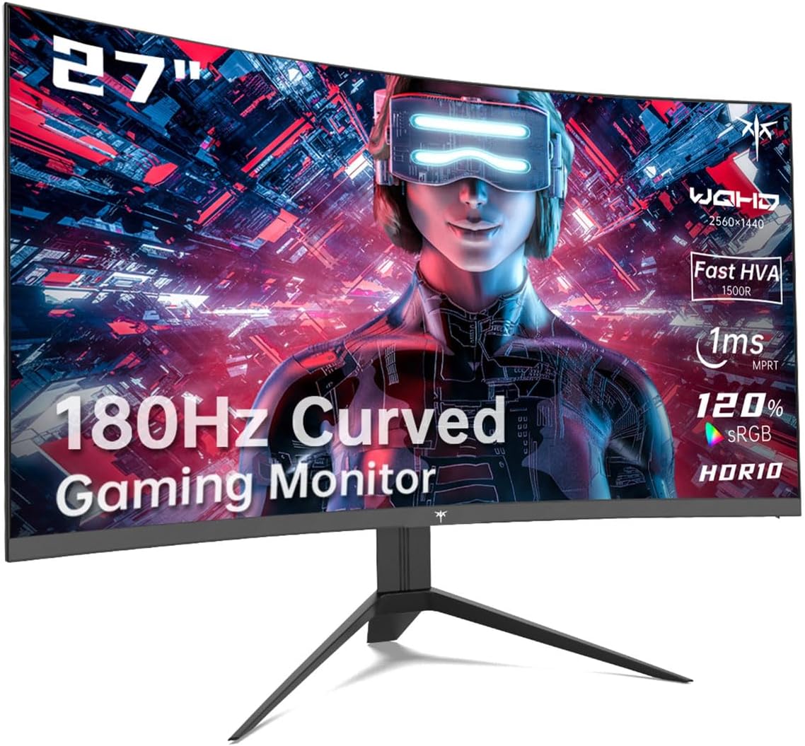 27 inch Gaming Monitor, 1440P Curved Monitor, 180Hz, 144Hz, 2K, 1500R, 1ms, Free...