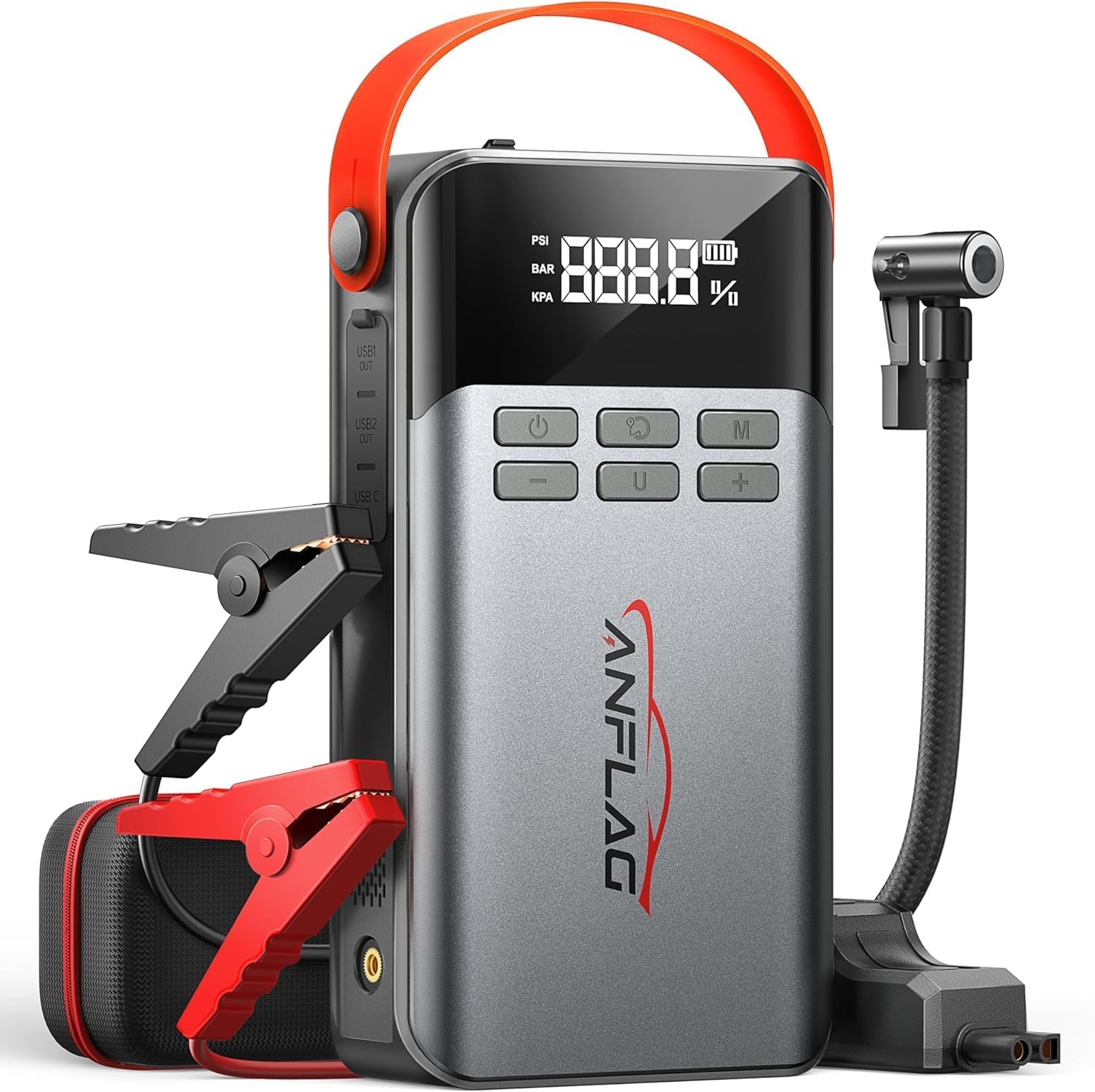 Car Battery Booster Jump Starter with 150PSI Air Compressor,8-IN-1 4500A Jump St...