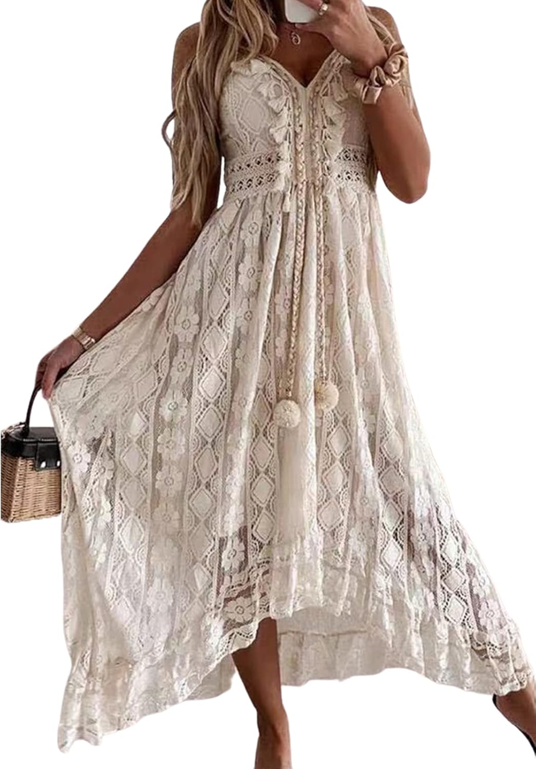CUPSHE Women's Summer Dresses Sleeveless Lace Casual Tassel Beach Spaghetti Stra...