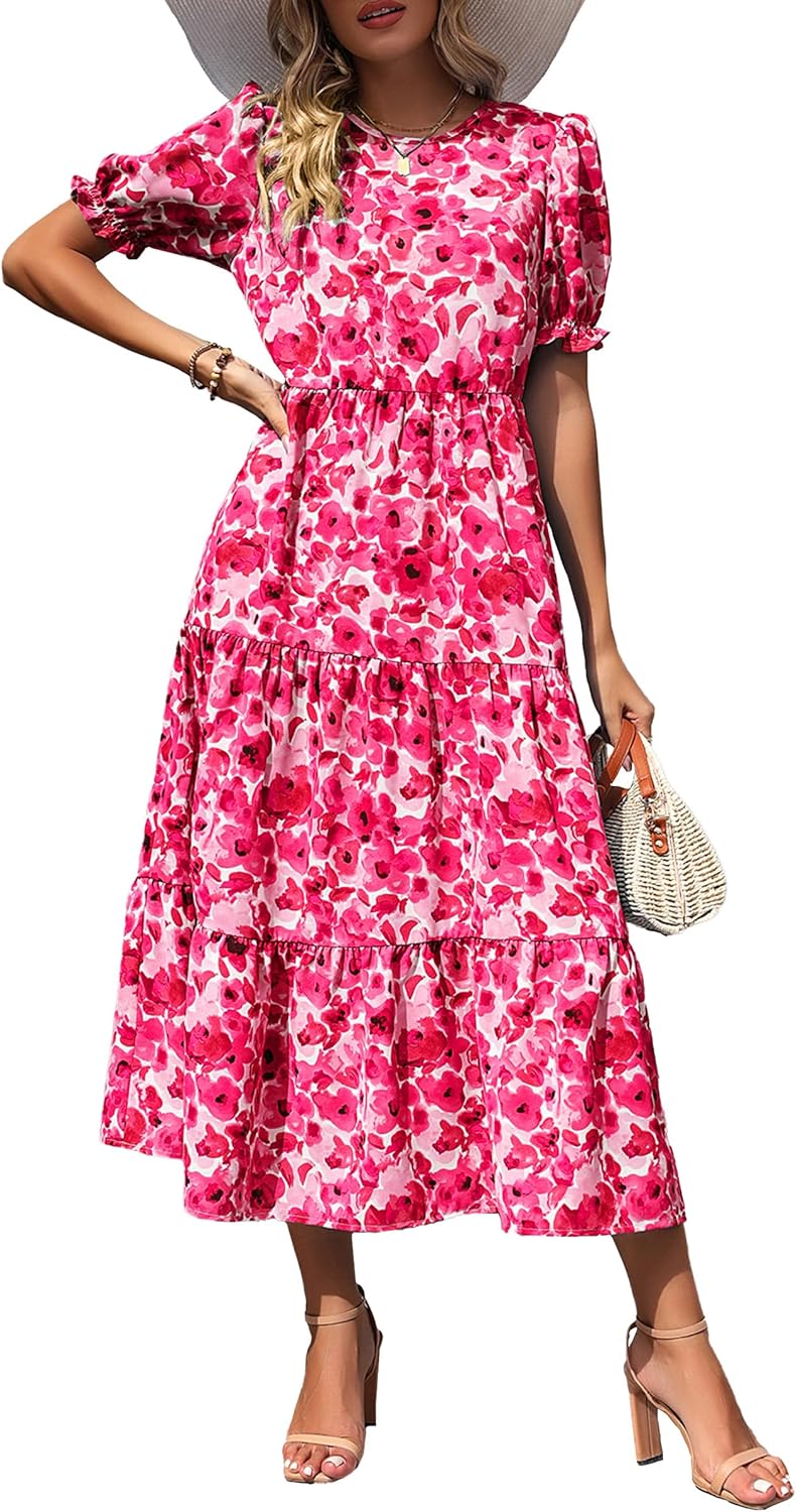 PRETTYGARDEN Women's Casual Boho Dress, Unique Floral Print Ruffle for Summer Wa...