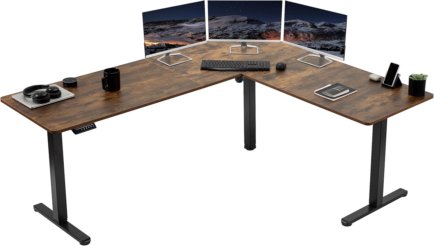 VIVO Electric Corner L-Shaped 75 x 63 inch Rustic Standing Desk, Height Adjustab...