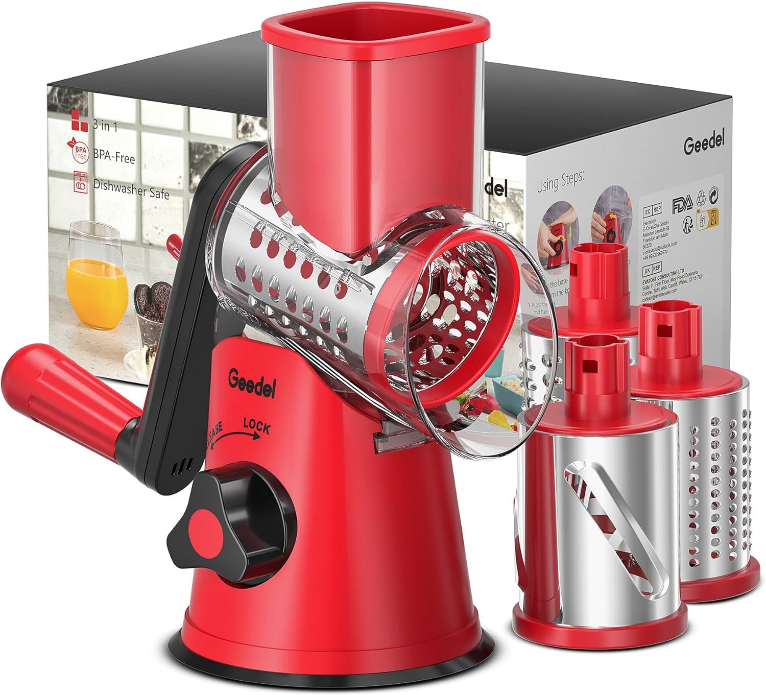 Rotary Cheese Grater, Vegetable Slicer with Three Drum Blades, Grater for Kitche...