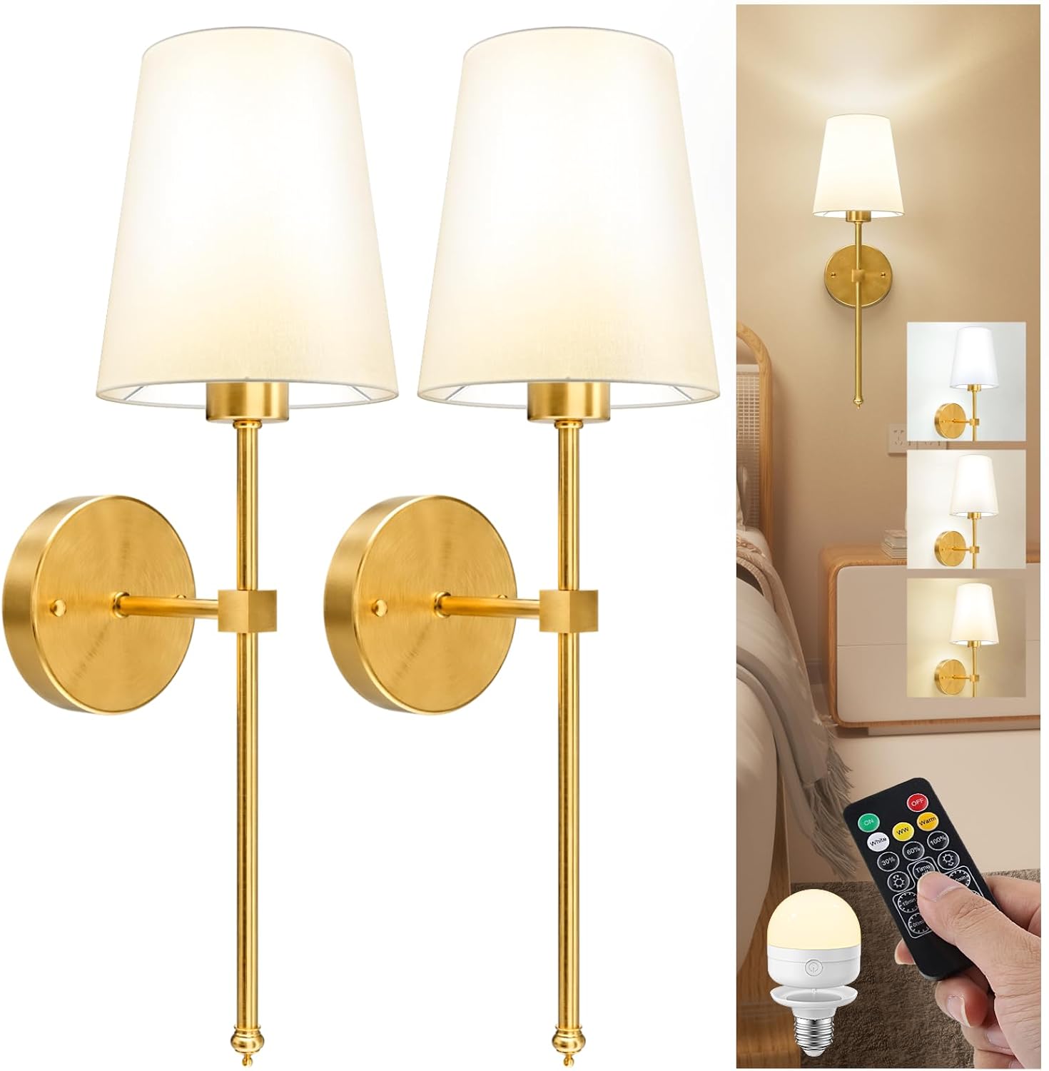 LGMCF Battery Operated Wall Sconce Set of 2, Rechargeable Wall Lights with 5000m...