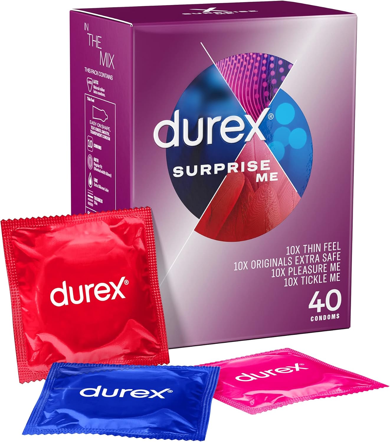 Durex Surprise Me Variety Pack Condoms, 40 Count - Thin Feel, Extra Safe, Pleasu...