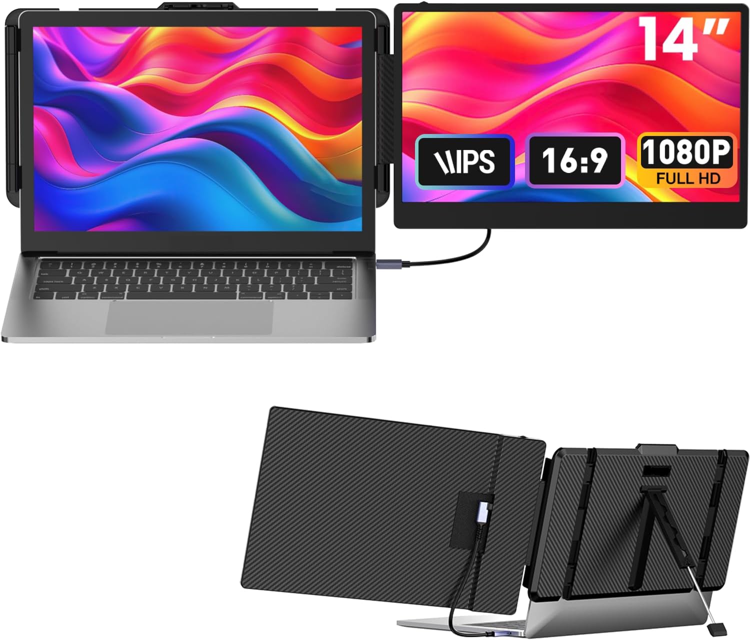 Laptop Screen Extender 14-inch, 1080P FHD Portable Monitor, Type-C/HDMI/USB-A Pl...