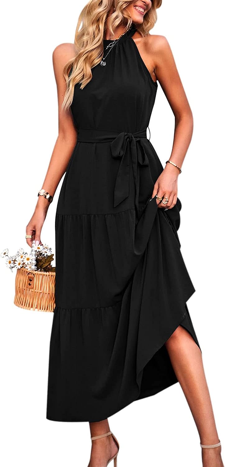 PRETTYGARDEN Women's Summer Floral Maxi Sun Dress Sleeveless Halter Neck Flowy R...